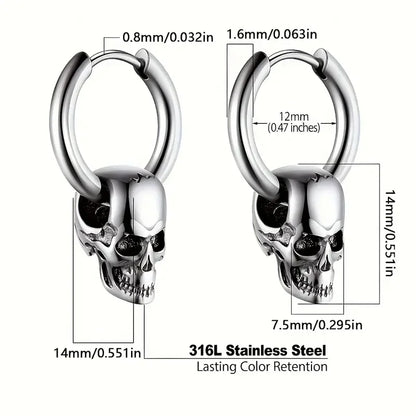 1 pair of silver men's earrings for Halloween decoration Skull Horror party bar European retro punk trend  Stainless steel woman