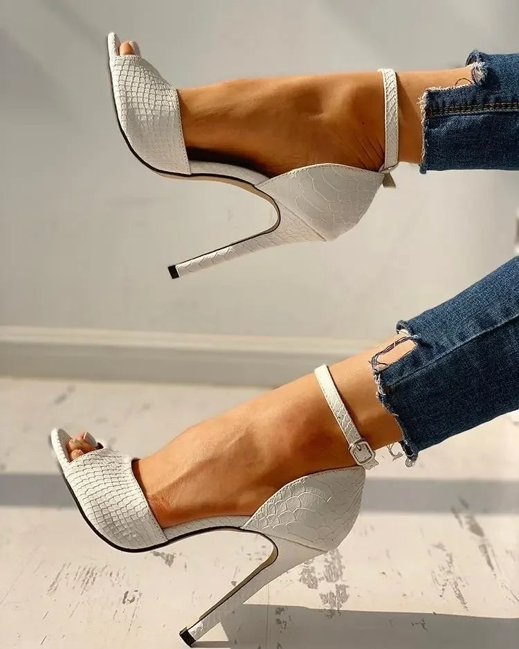 Sexy White Peep Toe Ankle‑Strap Stiletto Pumps – Snake Pattern High Heels