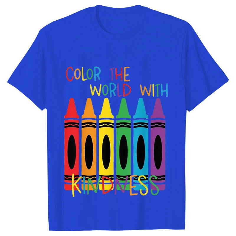 Color The World with Kindness T Shirt for Women Clothing Back To School Tops Teachers' Day Gift Harajuku Short Sleeve Tees