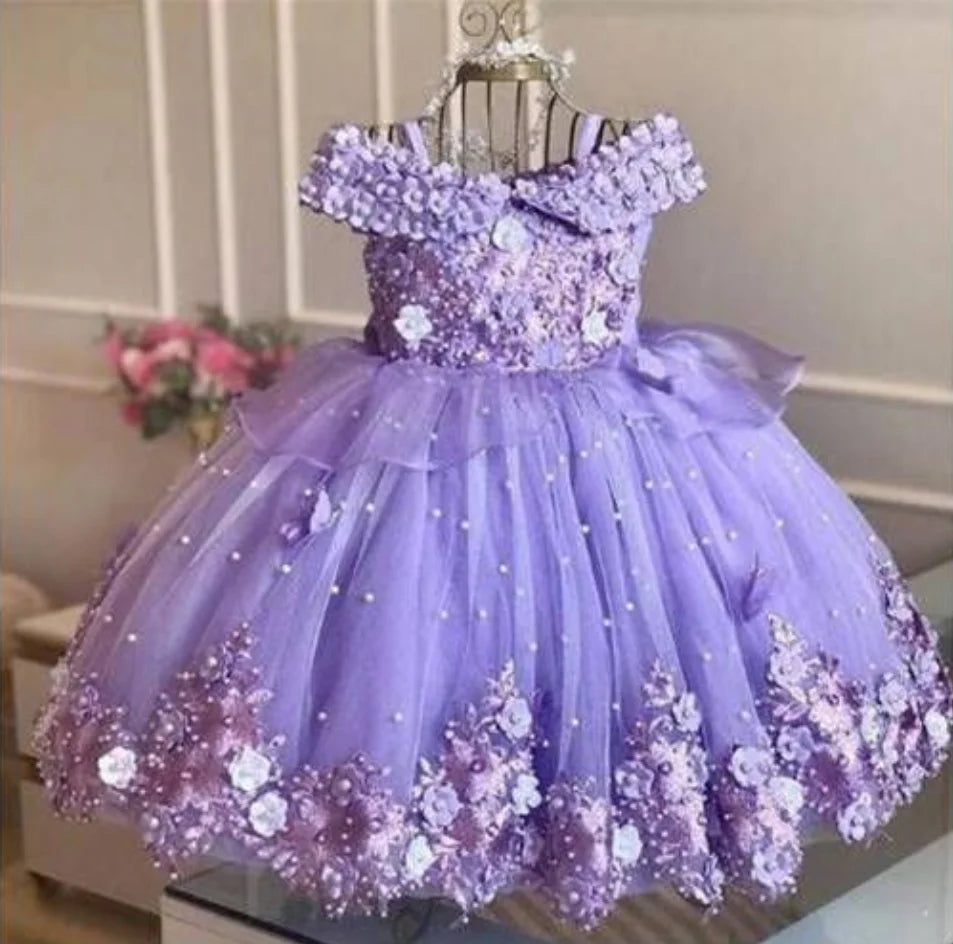 Off‑Shoulder Pearl &amp; Lace Butterfly Flower Girl Dress (Infant · First Birthday · Ball Gown · Customizable)