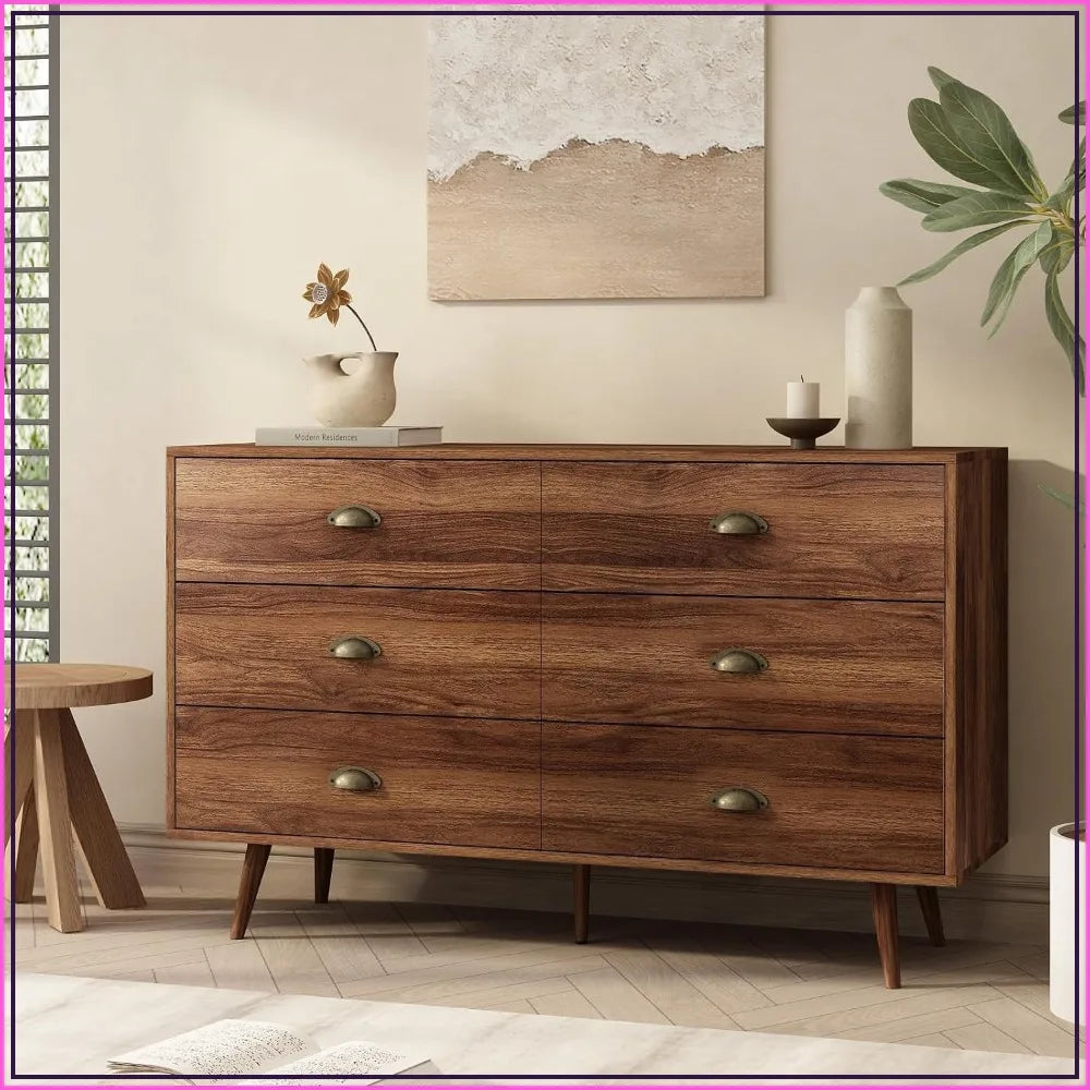 Walnut 6‑Drawer Dresser — 47" Mid‑Century Chest