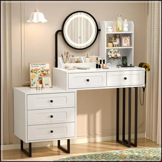 Vanity Desk — Mirror, Lights, 5 Drawers & Power Outlets