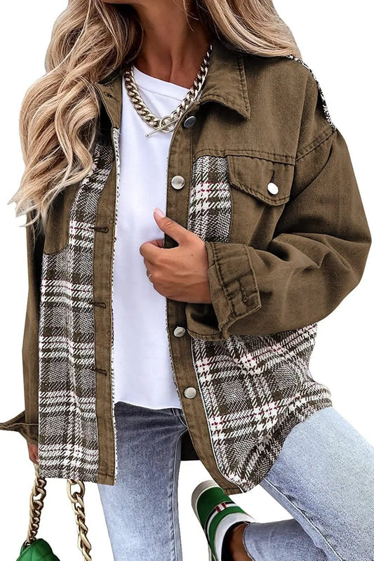 Women’s Long Sleeve Denim Jacket – Punk Plaid Print Button‑Up Irregular Shirt Jacket