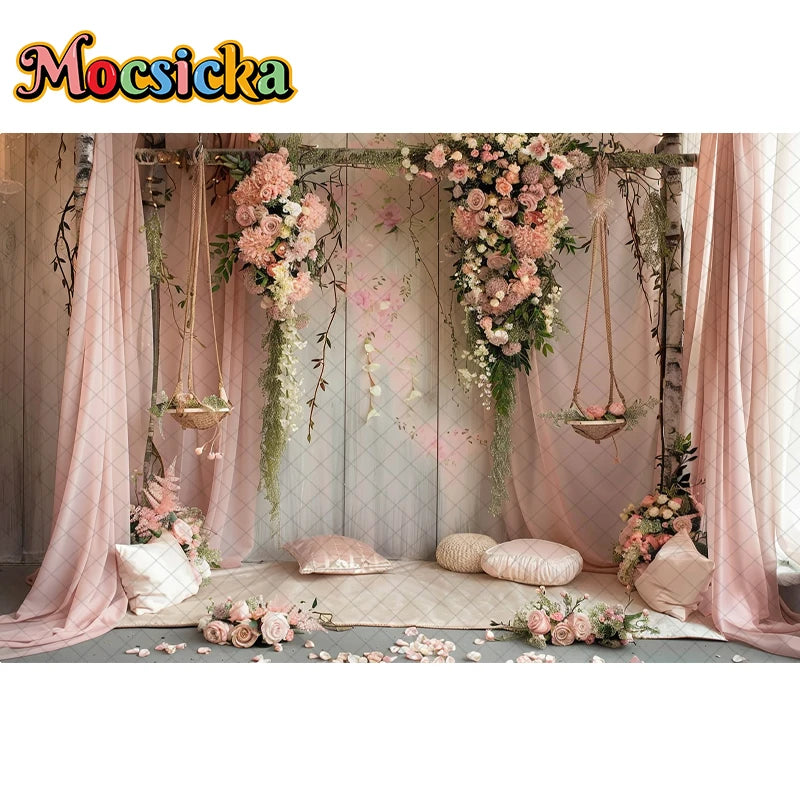 Mocsicka Photography Background Spring Indoor Wreath Cradle Decor Wedding Maternity Adult Kids Portrait Backdrop Photo Studio