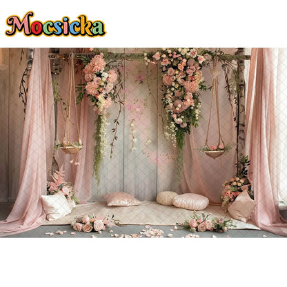 Mocsicka Photography Background Spring Indoor Wreath Cradle Decor Wedding Maternity Adult Kids Portrait Backdrop Photo Studio