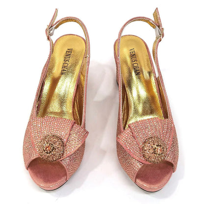 Mature Sweet Spot New Arrival Peach-Colored Square-Heel Peep-Toe Shoes with Matching Bag Set for Nigerian Women's Wedding Party Pumps