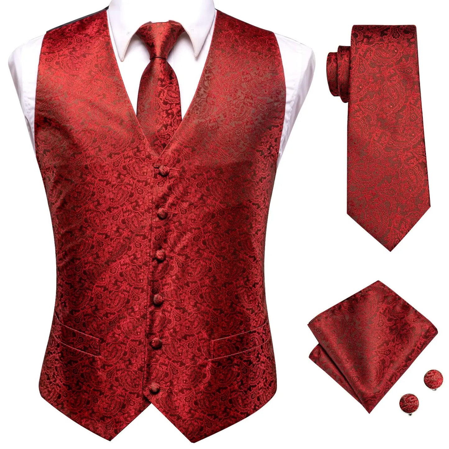 Hi-Tie 20 Color Silk Men's Vests Tie Slim Sleeveless Jacket Hanky Cufflink Waistcoat 4PC Suit