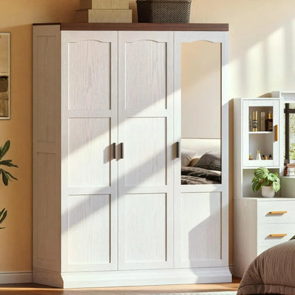 White 3‑Door Wardrobe with Mirror, Shelves & Hanging Rod