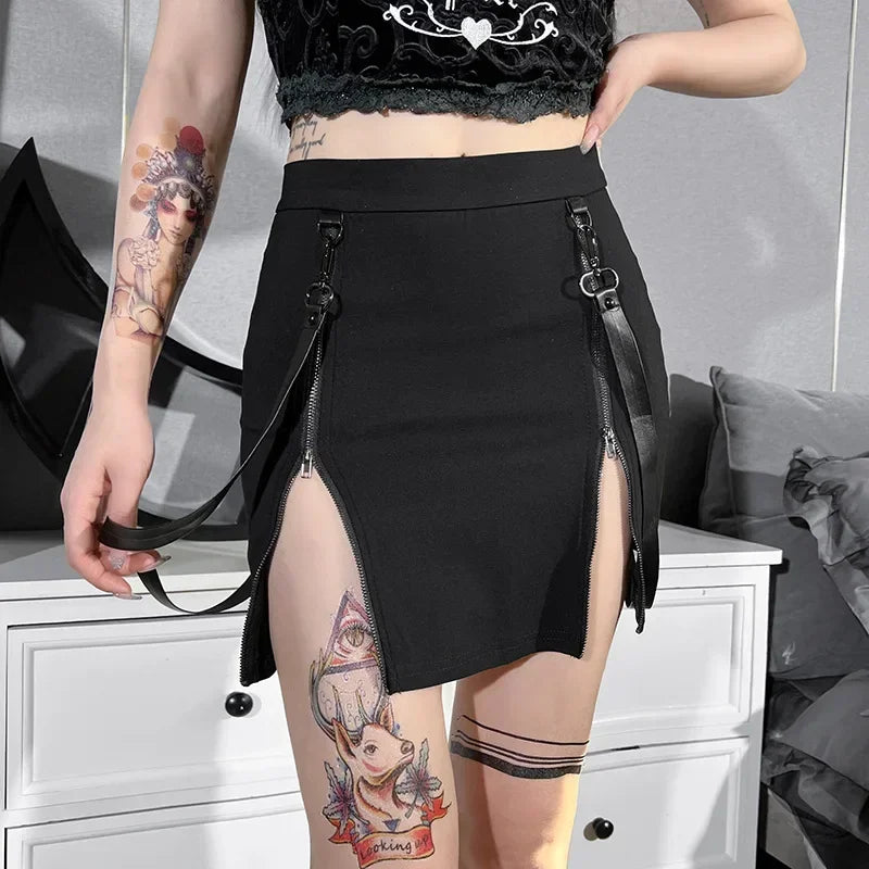 Dark Double Zipper Bag Hip Split Gothic Design Tight Skirt Harajuku Black Gothic Bag Hip Skirt Kawaii Vintage Y2k Skirt