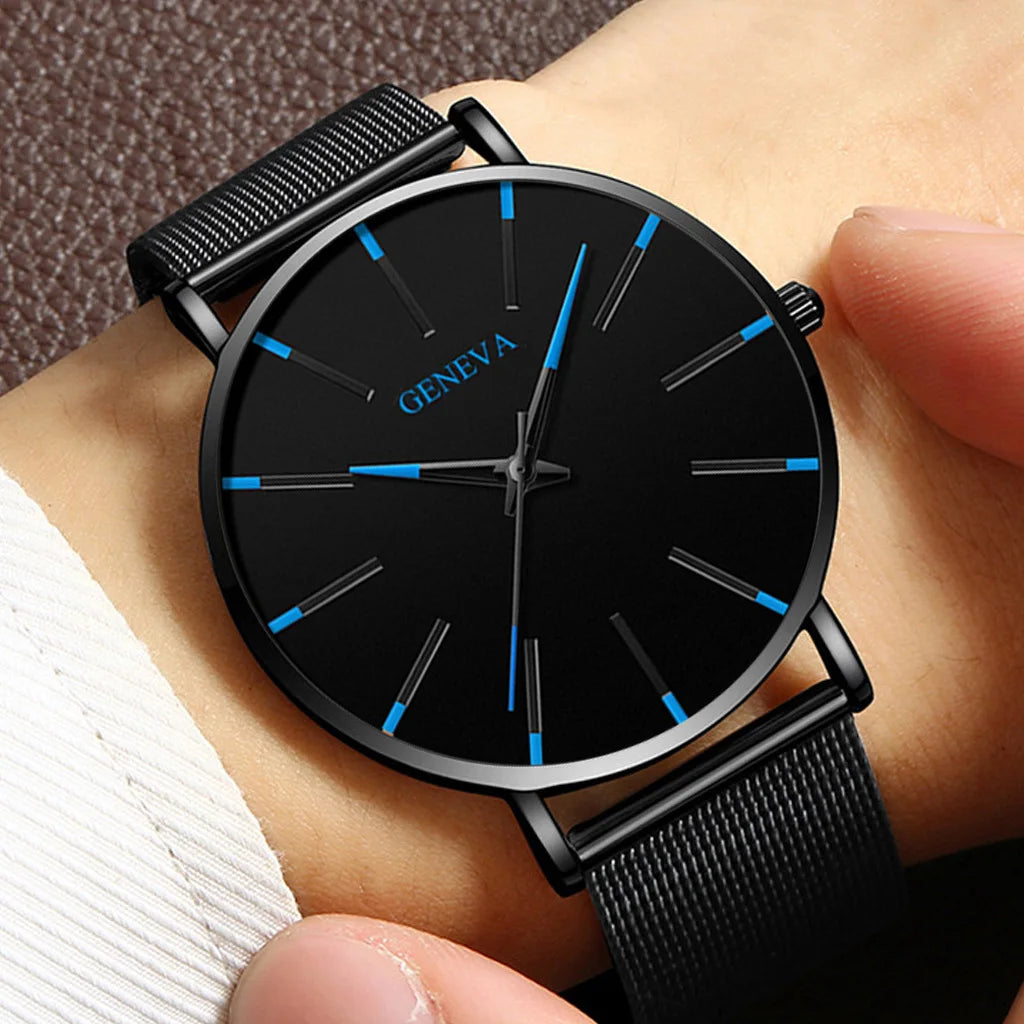 Mens Business Black Luxury Watches Stainless Steel Ultra Thin Mesh Belt Quartz