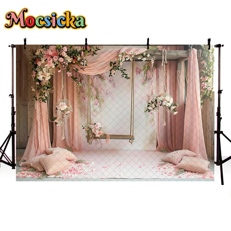 Mocsicka Photography Background Spring Indoor Wreath Cradle Decor Wedding Maternity Adult Kids Portrait Backdrop Photo Studio