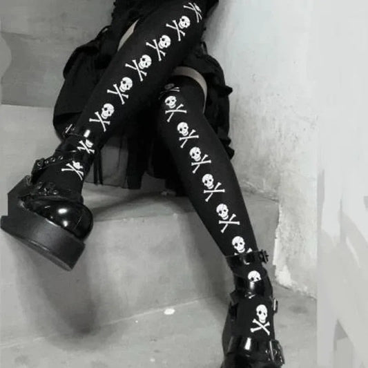 Gothic Skull Bat Spider Thigh‑High Stockings – Harajuku Emo Alternative Sexy Tights with Garters