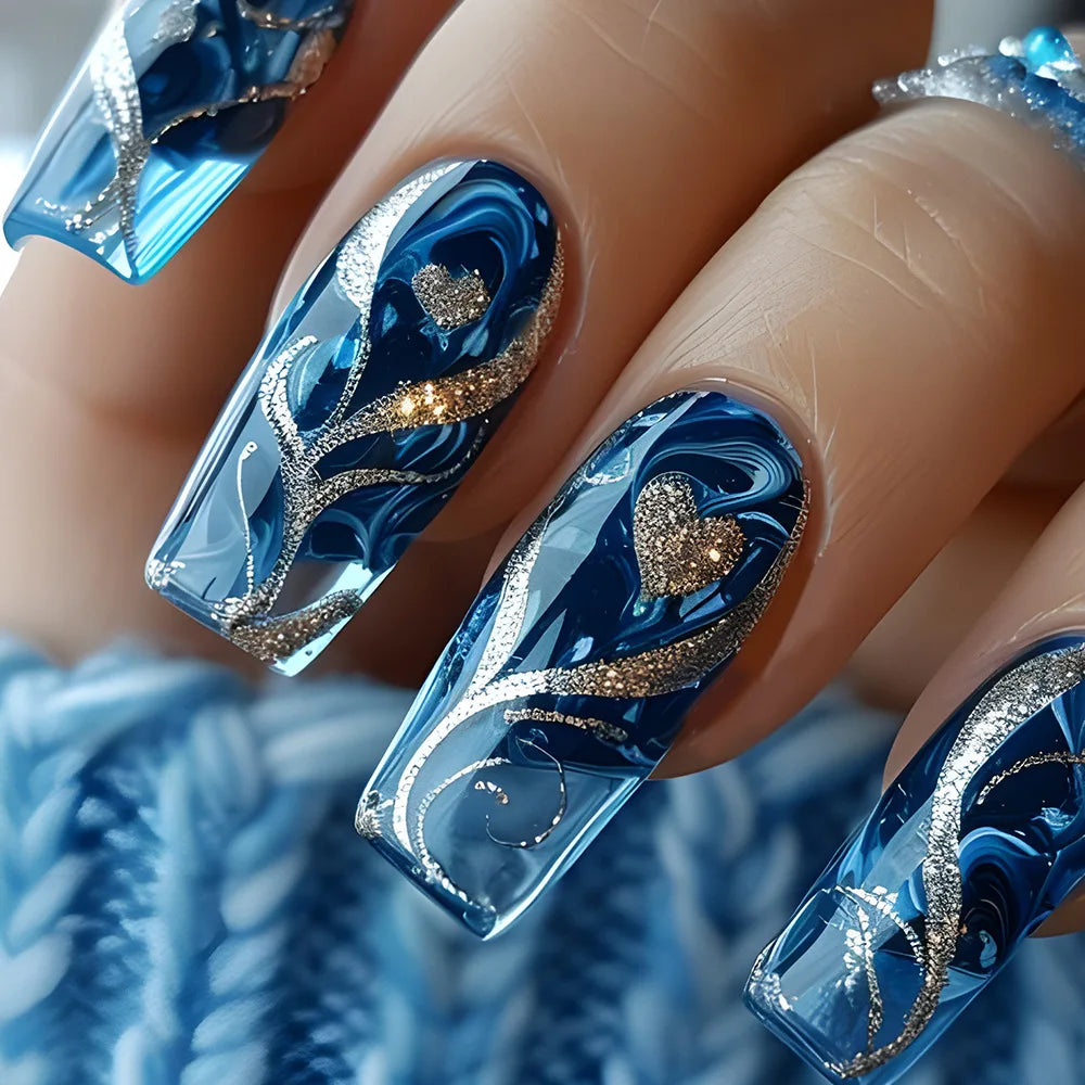 24pcs Gold Stripe Press‑On Nails – Long Square Full Cover Tips