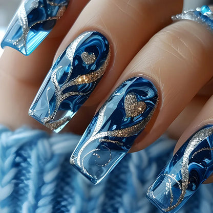 24pcs Gold Stripe Press‑On Nails – Long Square Full Cover Tips