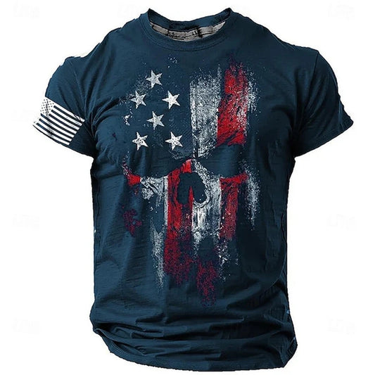 Men’s Retro Flag Skull T‑Shirt – 3D Print Short Sleeve Casual Summer Tee