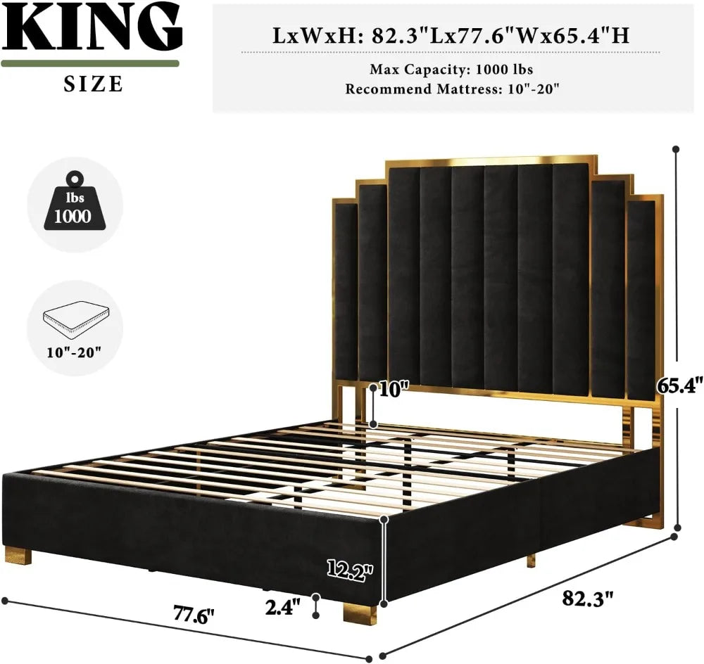 King Velvet Bed Frame with 65" Tall Gold Headboard – Black