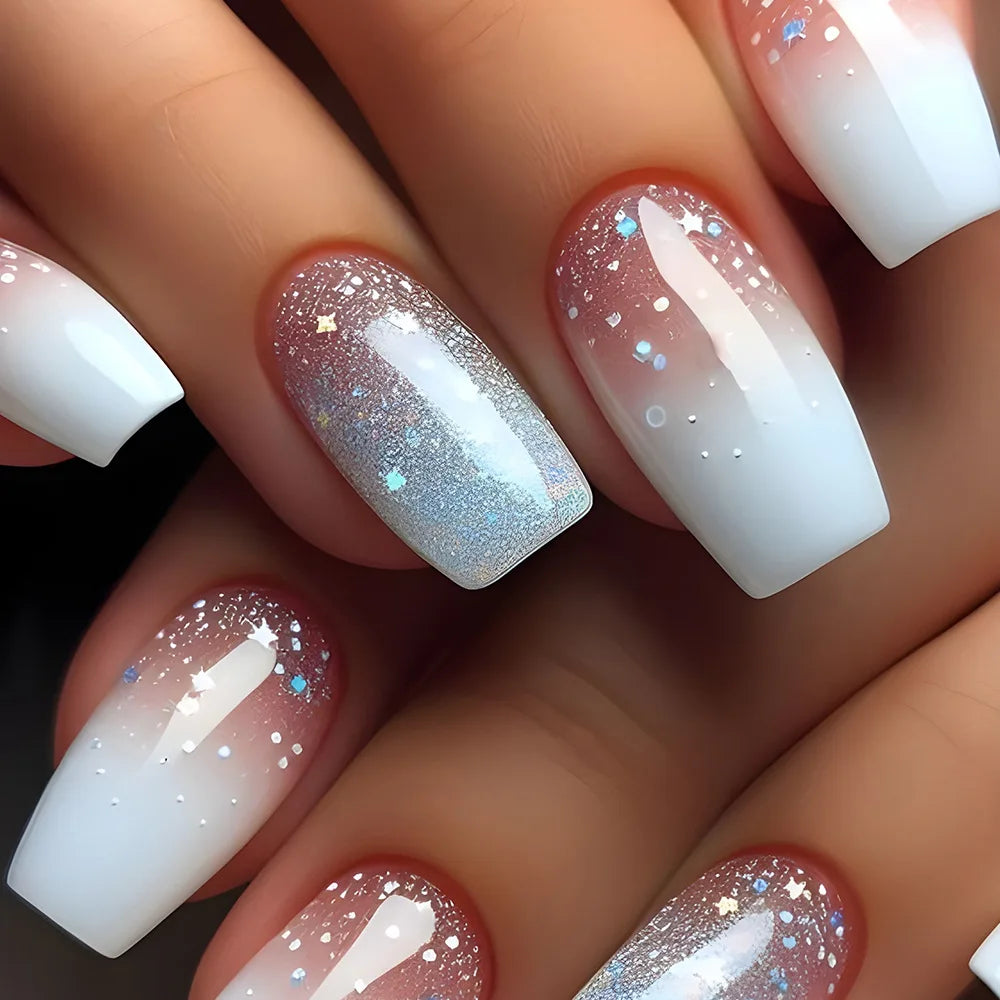 24pcs Gold Stripe Press‑On Nails – Long Square Full Cover Tips