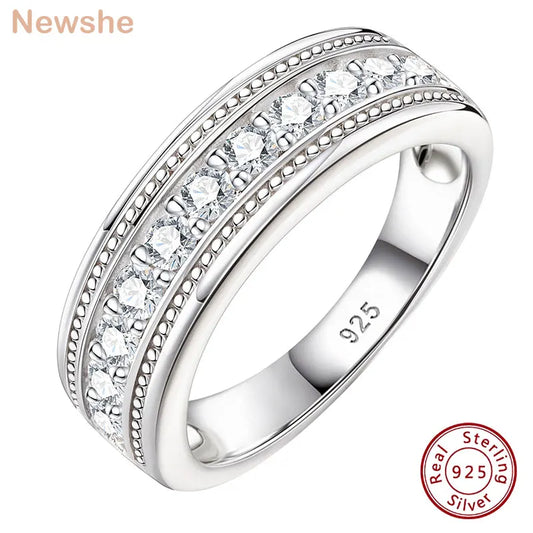 Newshe Genuine 925 Sterling Silver Wedding Rings for Men Half Eternity Brilliant Round Cut Cubic Zircon White Gold Jewelry