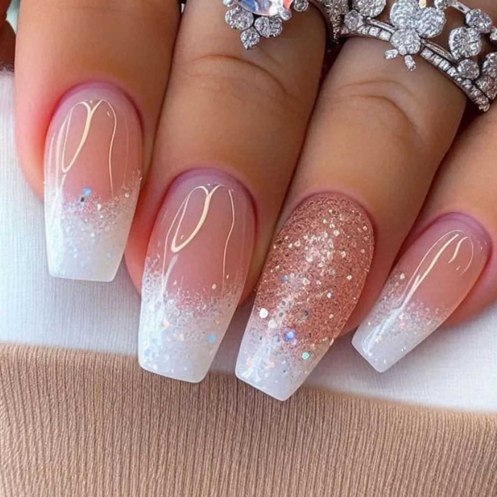 24pcs Gold Stripe Press‑On Nails – Long Square Full Cover Tips
