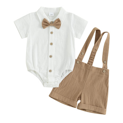 Baby Boy Outfits Short Sleeves Romper with Bow Tie Overalls Short Set