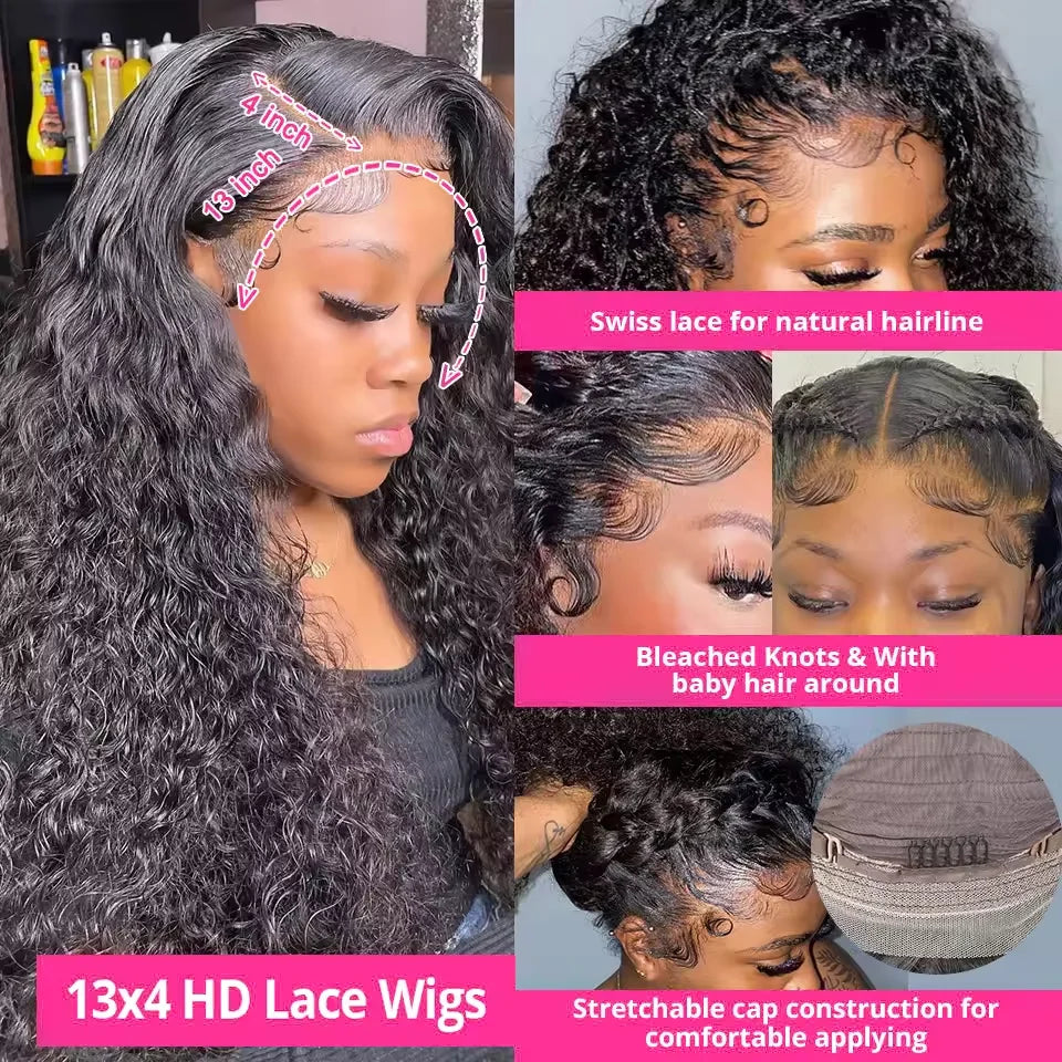 42 40 30Inch 300 Density 13x6 Hd Lace Frontal Wig Water Deep Wave Human Hair Wigs 100% Lace Curly Wigs For Black Women