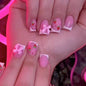 24Pcs French Pink Press on Nails Short Square Head Fake Nails with Flower Rhinestone Design Wearable Finished False Nail Tips