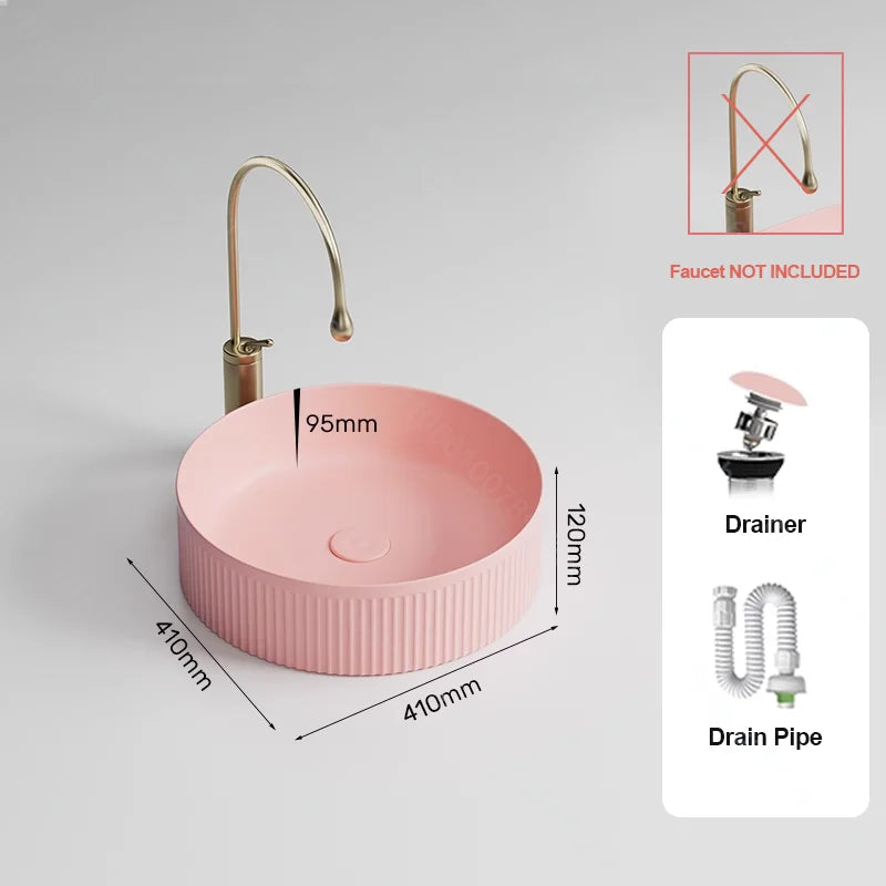 Pink Ceramic Vessel Sink – Modern Countertop Basin with Drain