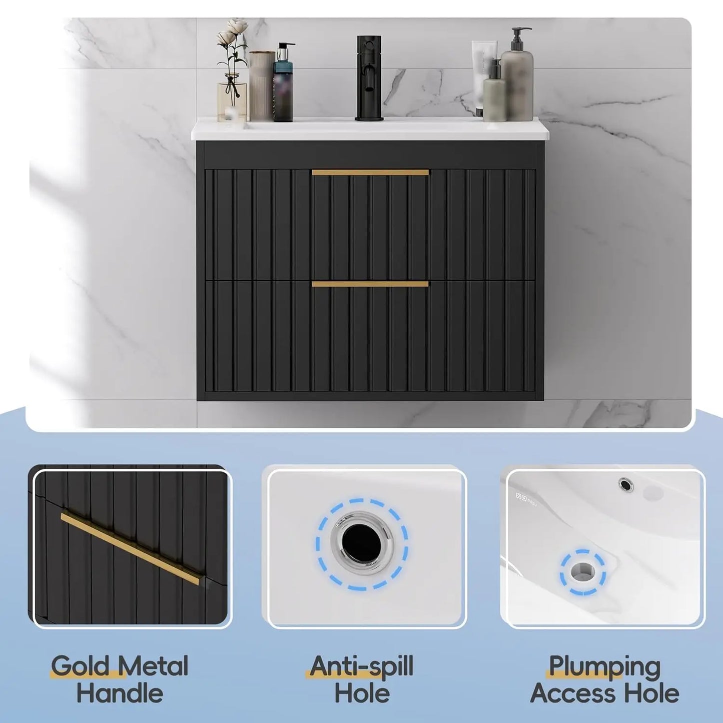 24" Floating Bathroom Vanity with Sink & 2 Drawers – Black