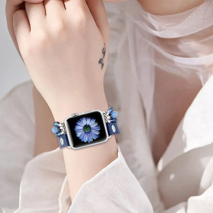 Leather Strap For Apple Watch Ultra 2 Band 49mm 40mm 46mm 41mm Women Elastic Beaded Bracelet Iwatch Series 10 9 8 7 6 SE 5 45mm