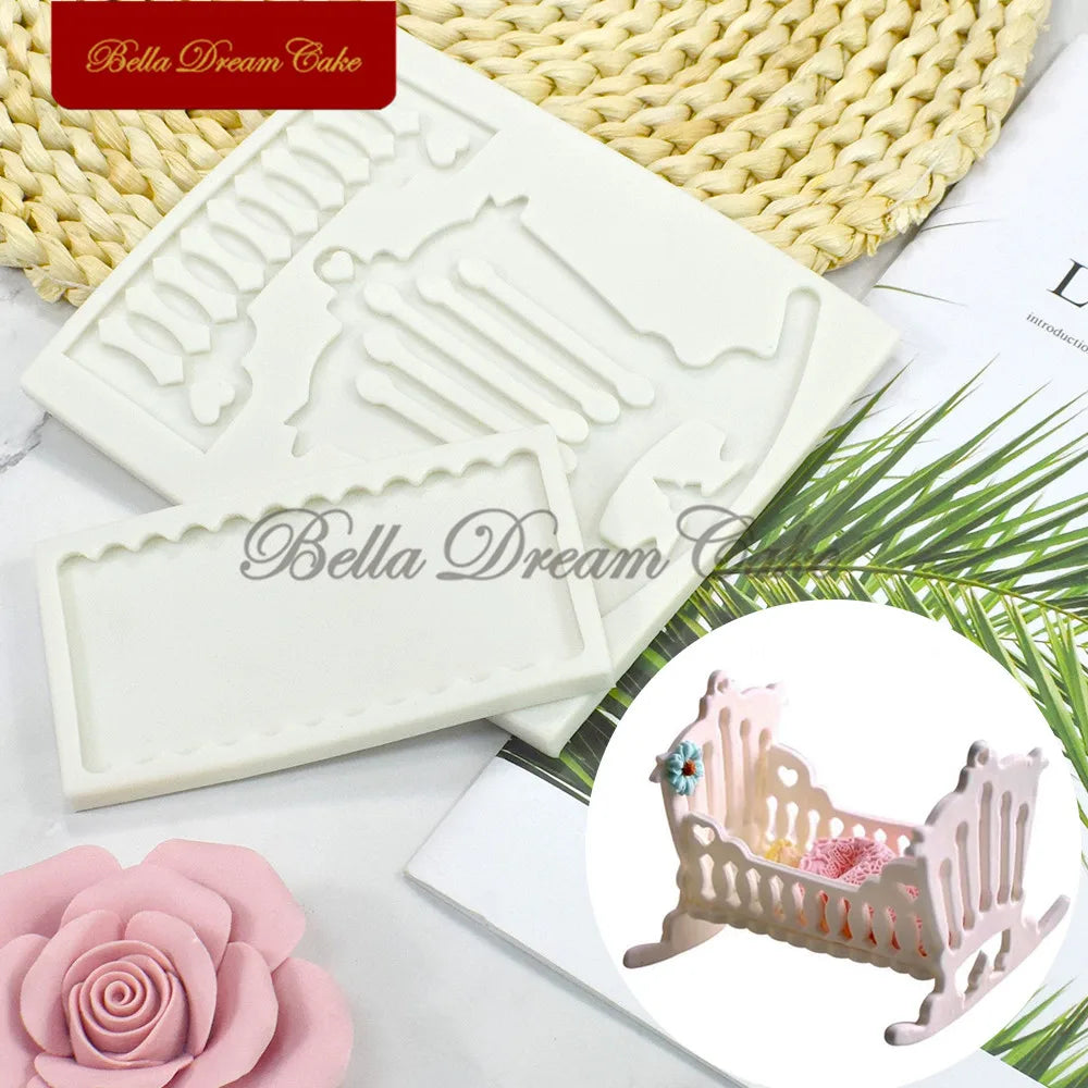2pcs/set Baby Crib Design Silicone Mold 3D Fondant Chocolate Mould Cake Decorating Tools DIY Sugarcraft Clay Model Bakeware