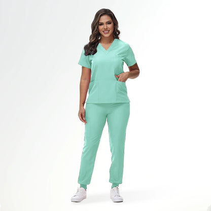 Stretchy Nurse Uniforms V-neck Top Jogger Pants Scrub Sets Surgical Workwear Dentist Nursing Suit Hospital Doctor Outfit S21