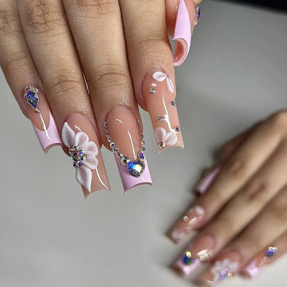 24Pcs Gold French Border False Long Coffin Press on Nails with Rhinestones Ballerina Full Cover