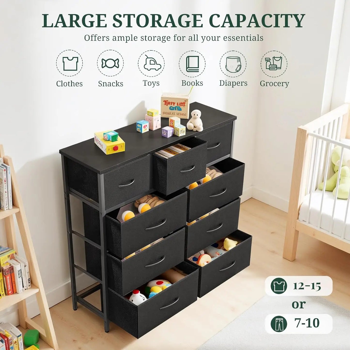 9‑Drawer Tall Bedroom Dresser with Wooden Top & Fabric Bins