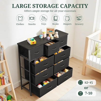 9‑Drawer Tall Bedroom Dresser with Wooden Top & Fabric Bins