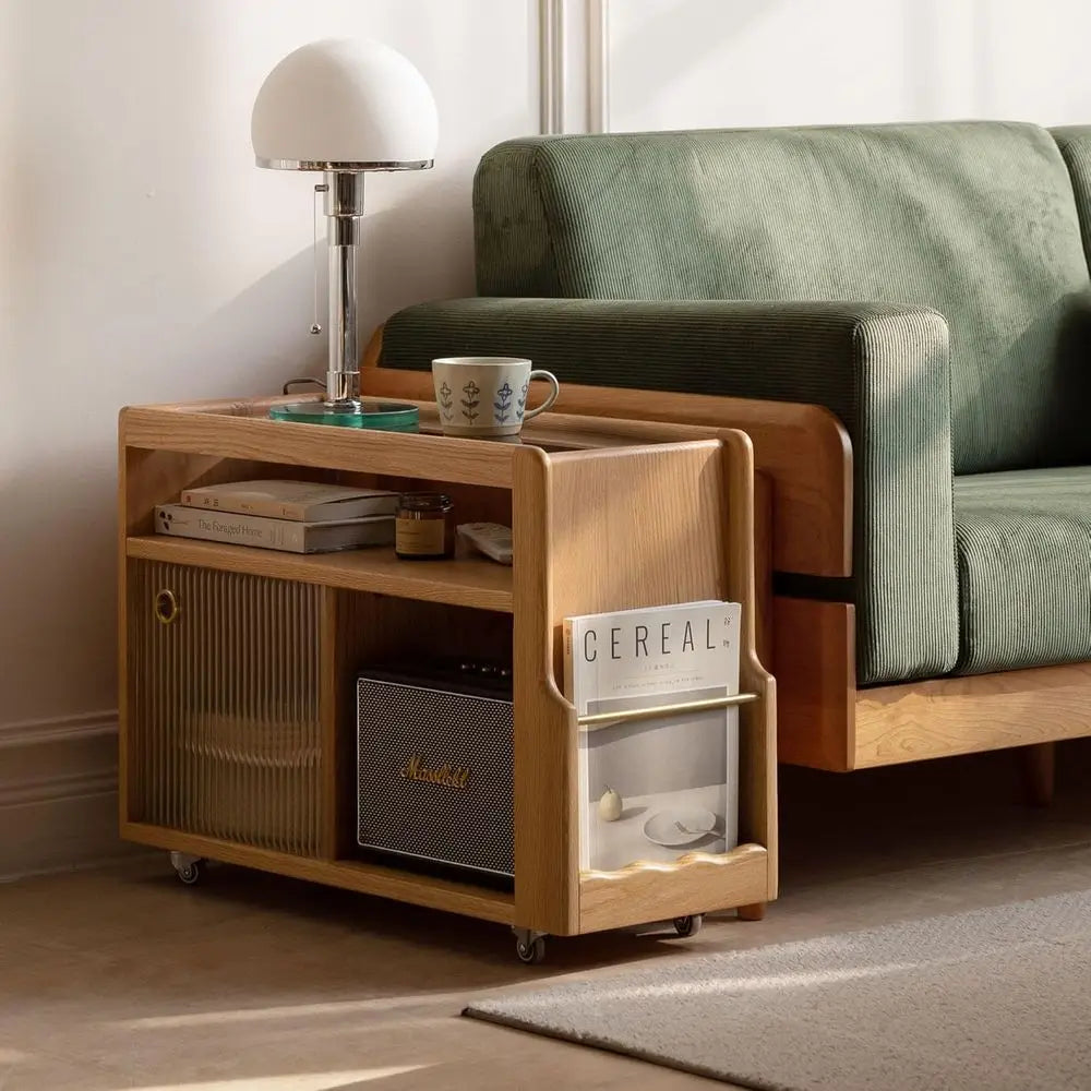 Solid Wood Side Table with Storage & Glass Door Cabinet