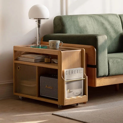 Solid Wood Side Table with Storage & Glass Door Cabinet
