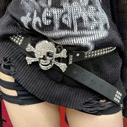 Gothic Skull Rhinestone Buckle Belt – Punk Y2K Rivet Hip‑Hop Accessory for Men & Women