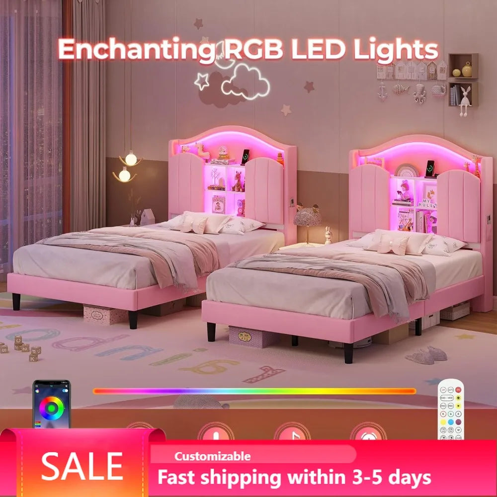 Twin LED Bed with Charging Station & Storage Headboard – Pink