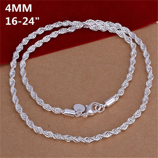 925 Sterling Silver Rope Chain Necklace – 4mm, 16–24in Unisex Fashion Jewelry