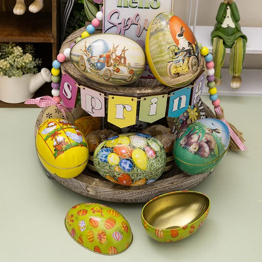A collection of colorful Easter eggs with decorative patterns, arranged on a wooden stand, featuring a tinplate box with a golden interior.