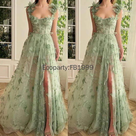 Elegant Corset Evening Gown with Tulle Skirt & 3D Butterfly Appliqués