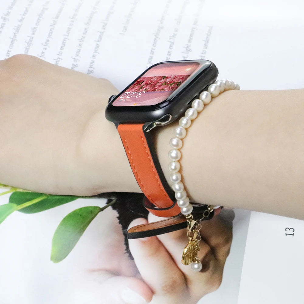 Slim Leather Strap for Apple Watch Band 49mm 45mm 44mm 42mm 41 38 40mm Woman Bracelet for IWatch Series Ultra 8 7 6 SE 5 4 3 2 1