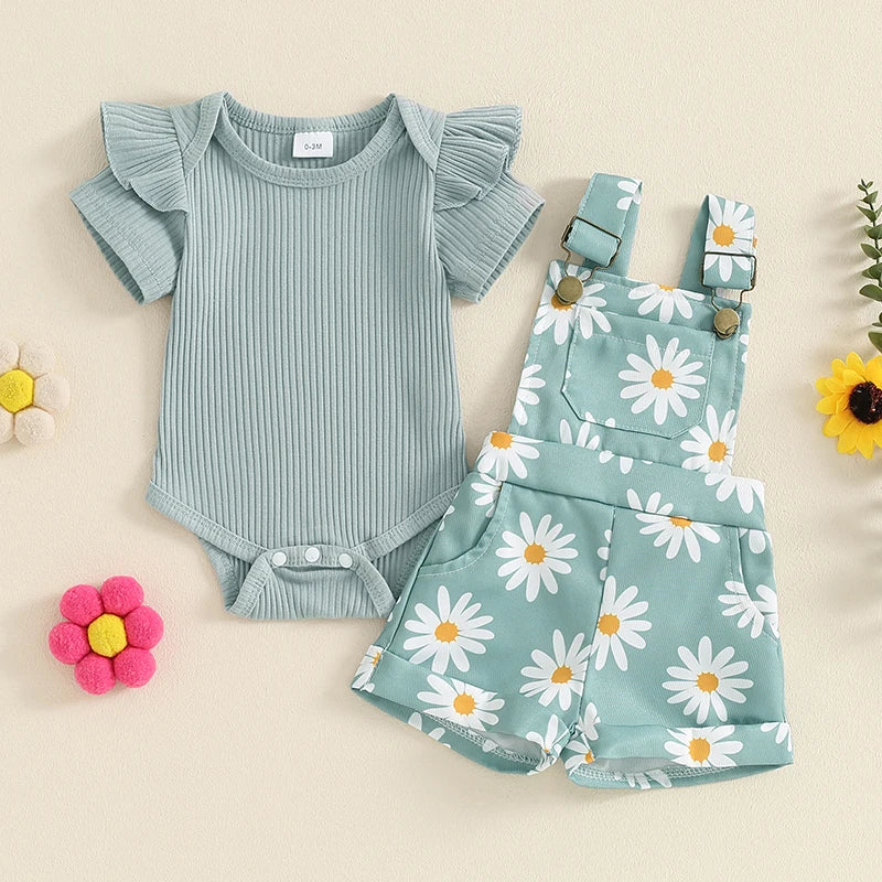 0-18months baby Girls summer Shorts  Set Short Sleeve Romper Flower Print Suspender Shorts Summer Outfit for  Toddler girls