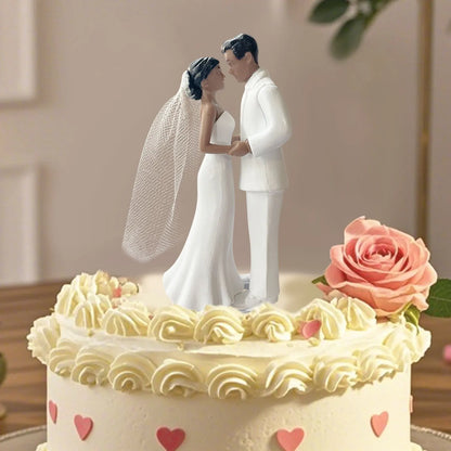 Elegant Bride & Groom Wedding Cake Plastic Topper with White Mesh Veil for Engagement Parties, Bridal Showers & Anniversaries
