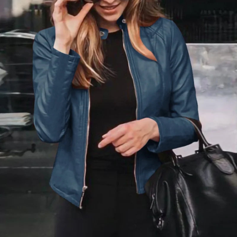 Women’s Slim Fit PU Leather Moto Jacket – Classic Zipper Coat