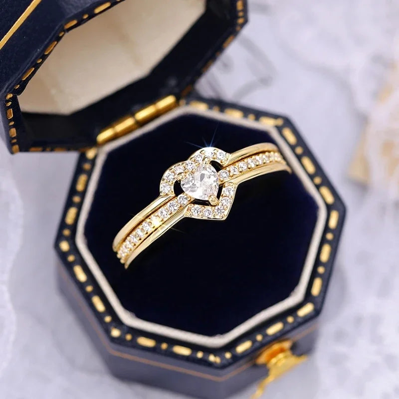 Romantic Heart Shaped Women Ring Gold Color/Silver Color Jewelry with Shiny CZ