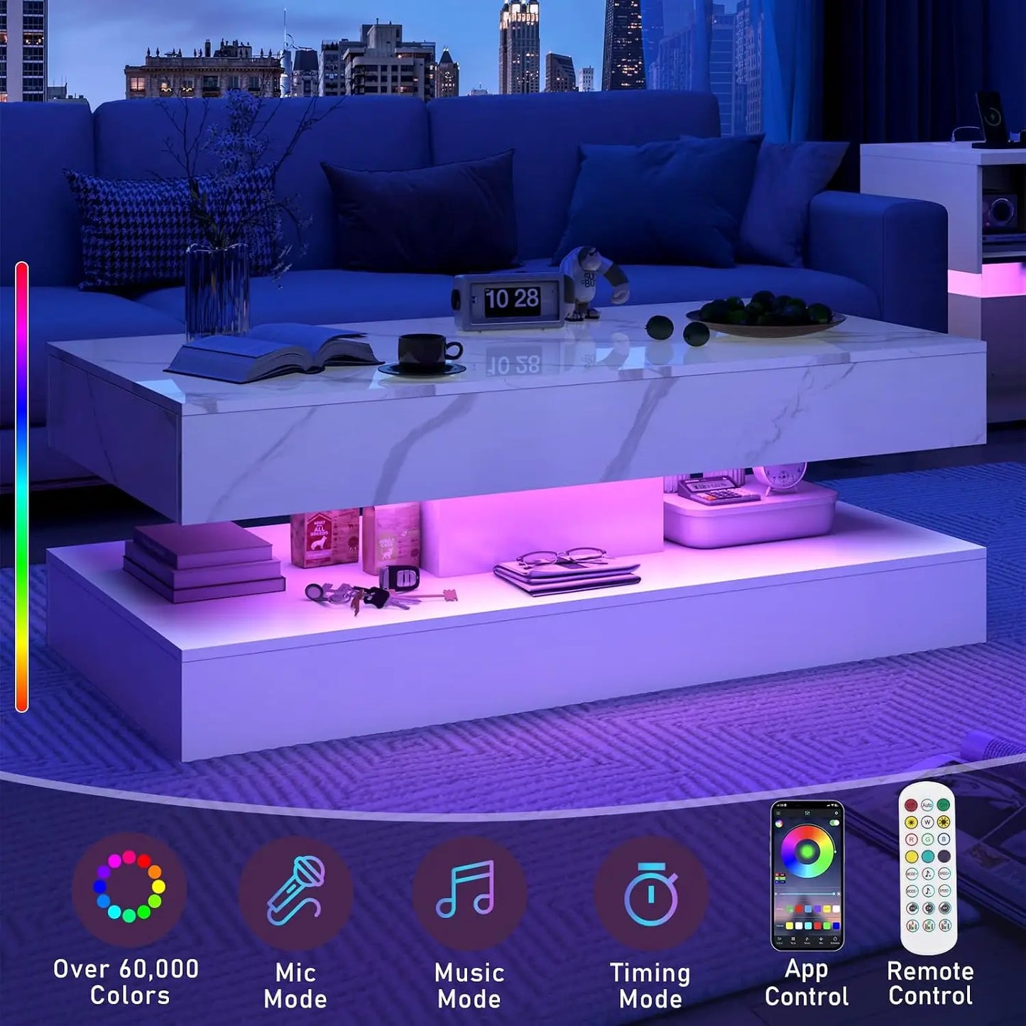 47.2" High‑Gloss LED Coffee Table with Sliding Drawers – Marble Print