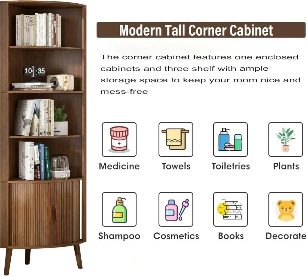 66.7" Walnut Corner Cabinet with Fluted Doors