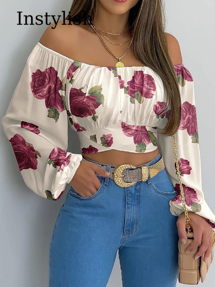 Women's Sexy Off Shoulder Chic and Elegant Lantern Long Sleeve Lace Up Bow Slim Cropped Tops