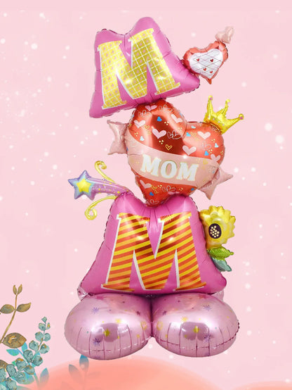 3D Stand Pedestal Mother’s Day Balloon Set – “Love Mom” & “Best Mom” Heart Foil Display